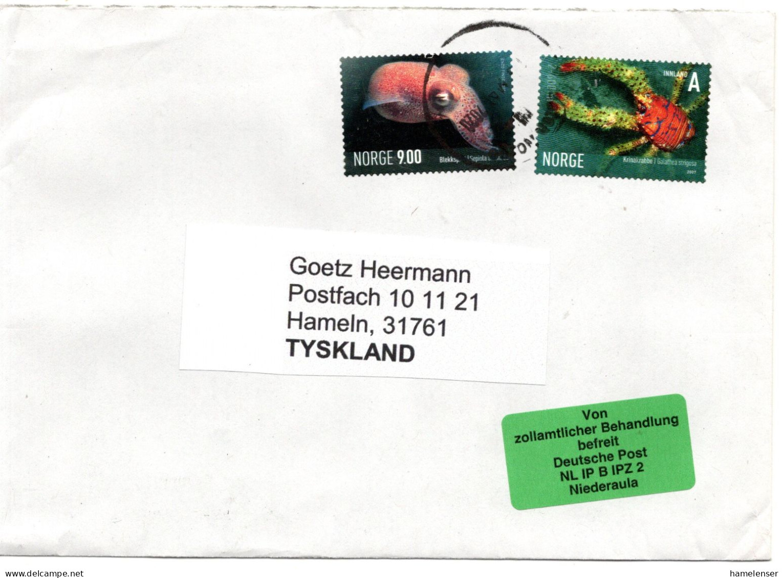 77175 - Norwegen - 2020 - 9Kr Tintenfisch MiF A Bf ... -> Deutschland, M Dt Zollaufkleber - Storia Postale