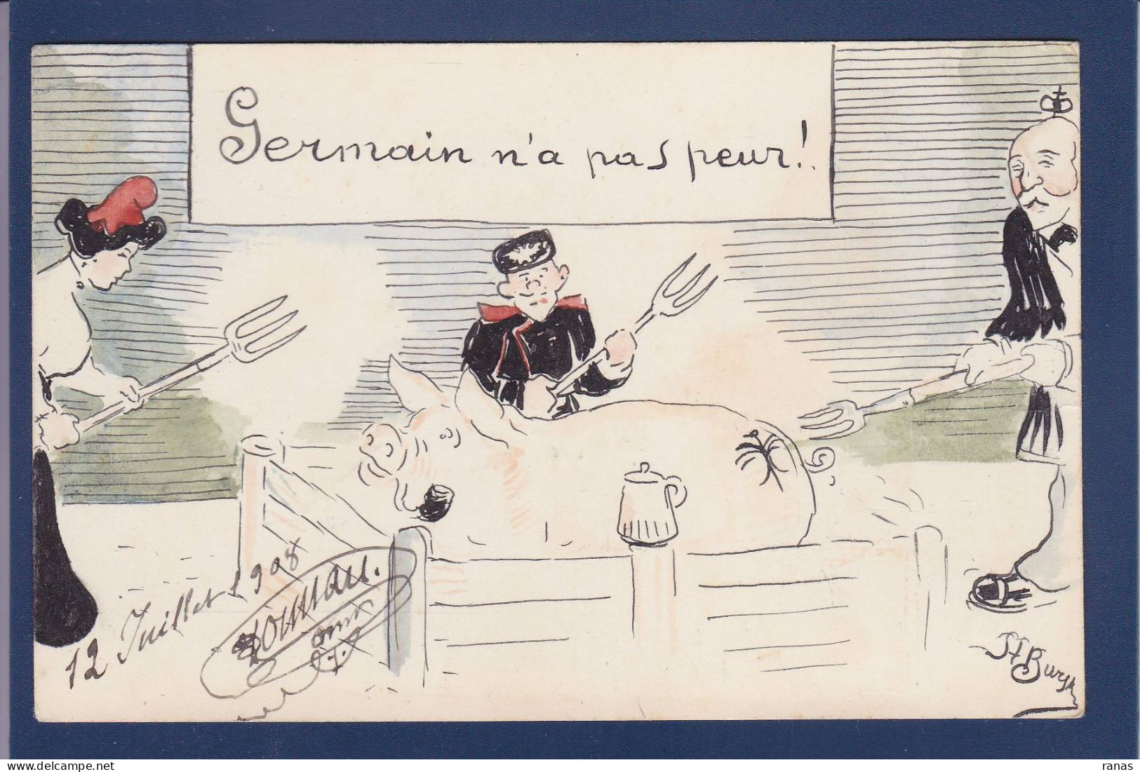 CPA Bursky Stanislas Satirique Dessin Original Fait Main Par Bursky Circulé Cochon Pig Allemagne Angleterre Russie - Cochons