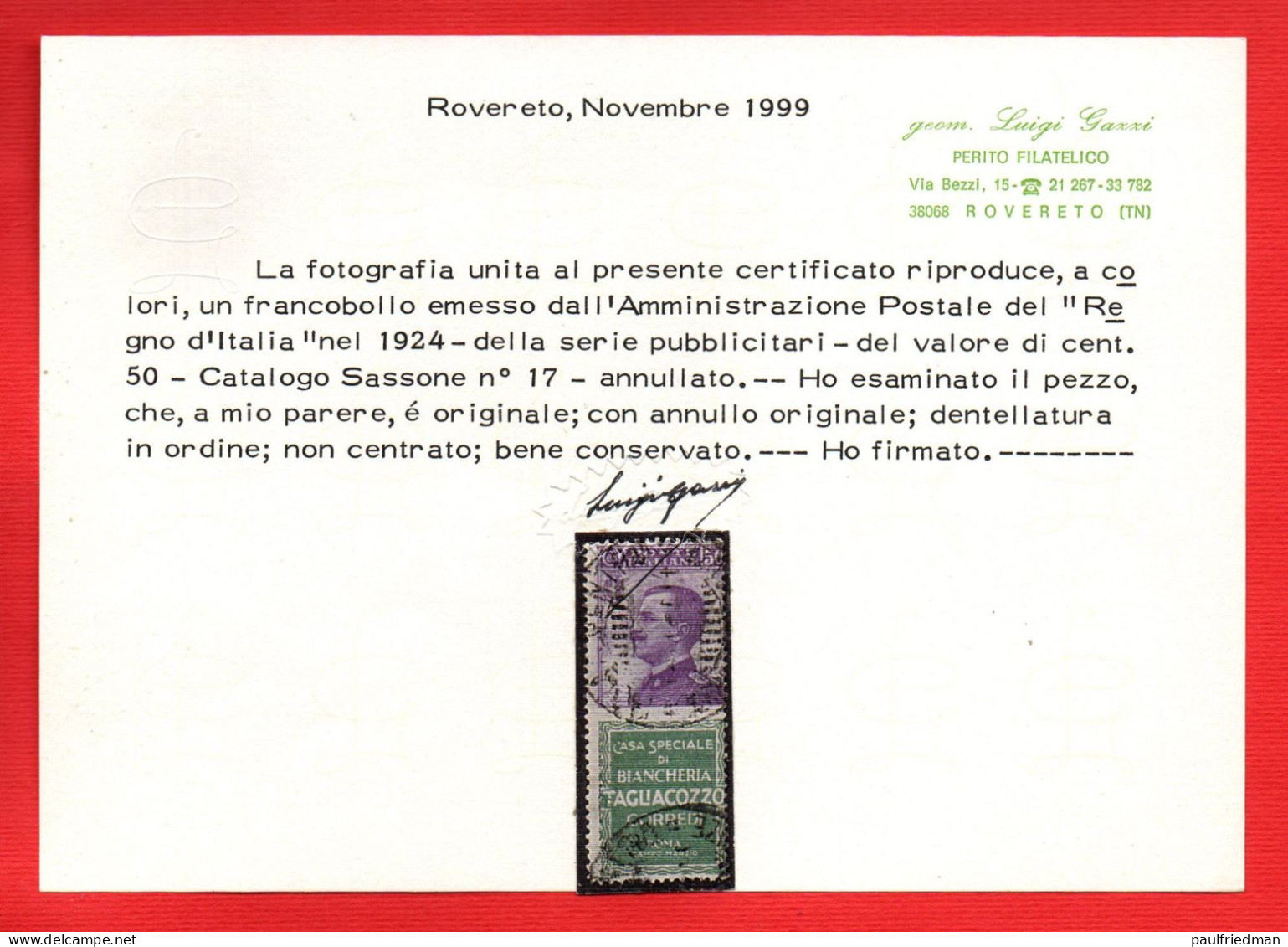 Regno 1924 - Pubblicitari - Tagliacozzo 50 Cent. - Usato - Certificato Gazzi - Reklame