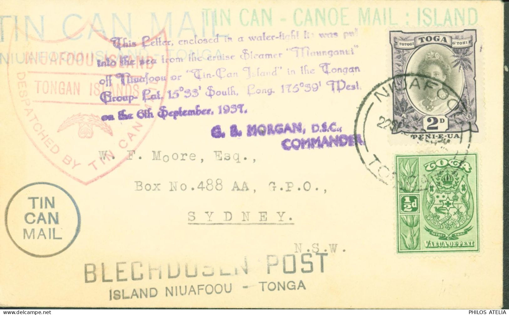 Tin Can Canoe Mail Island YT Tonga N°68 66 CAD Niuafoʻou 22 SEPT 1937 Water Tight Steamer Maunganui - Tonga (...-1970)