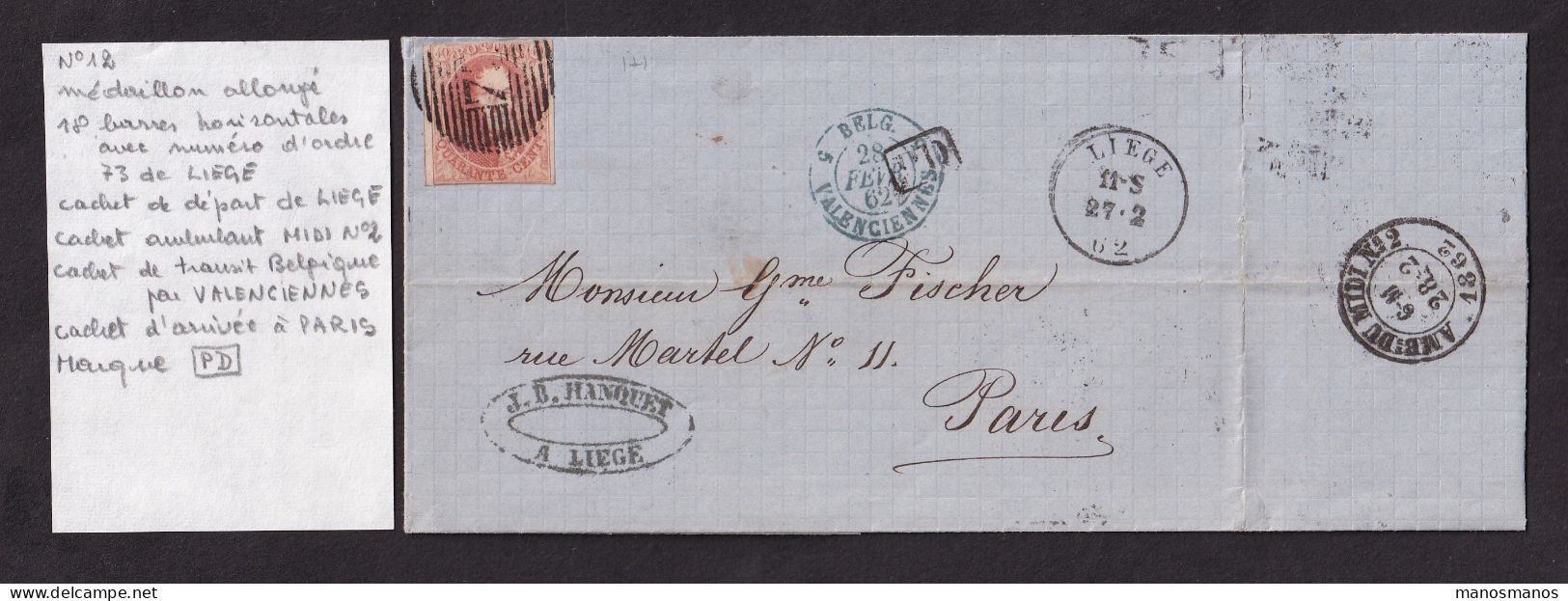 878/40 - ARMURERIE LIEGEOISE - Lettre Médaillon 40 C LIEGE 1862 Vers PARIS - Entete Fabrique D' Armes J.B.Hanquet - Fabriken Und Industrien