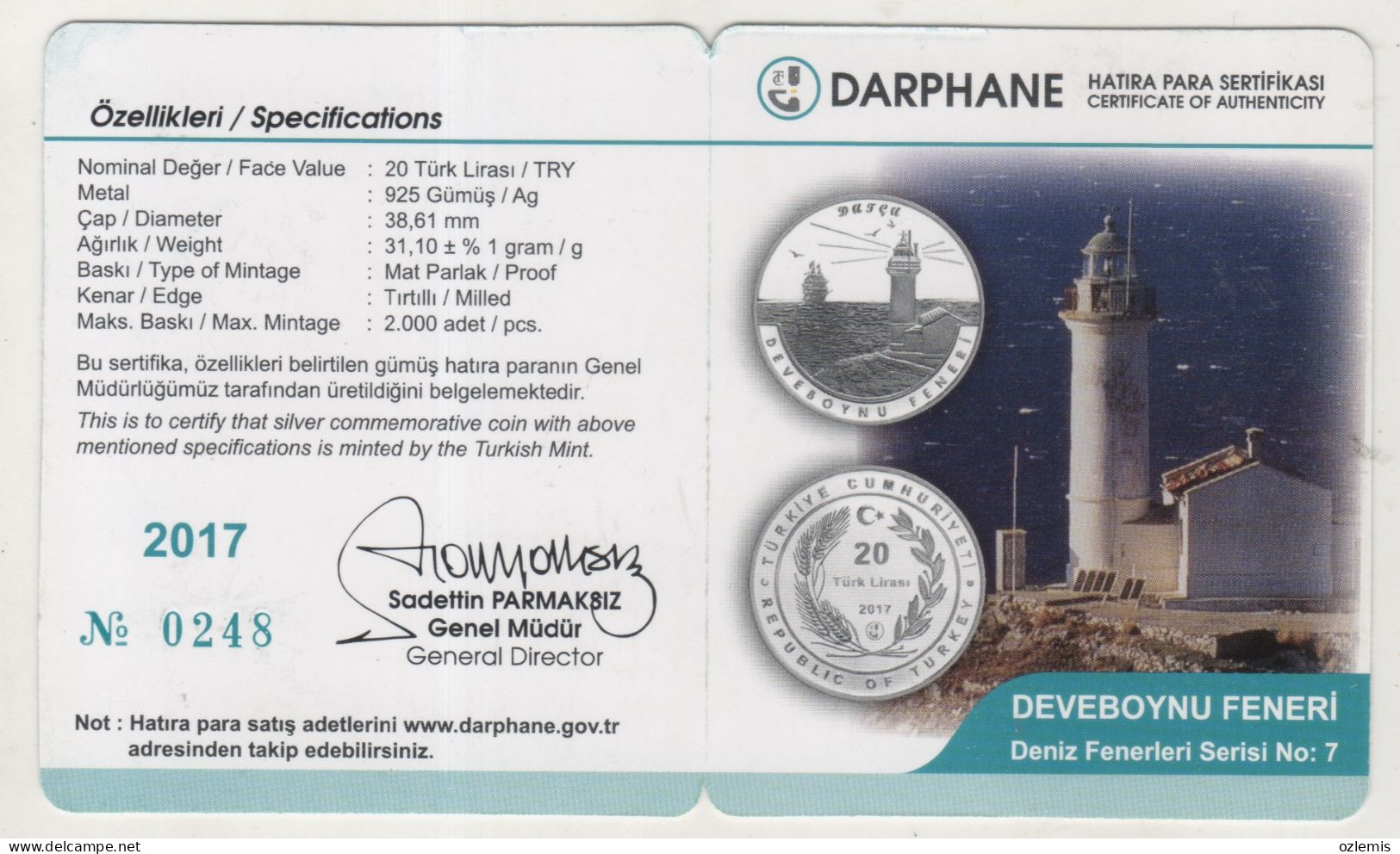 DATCA ,LIGHTHOUSE ,DEVEBOYNU FENERI , COMMEMORATIVE , SILVER COIN ,2017  ,TURKEY - Türkei