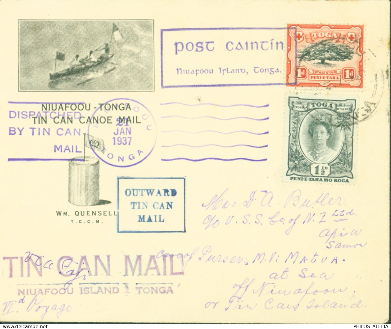 Tin Can Canoe Niuafoʻou Island Tonga CAD 2 JAN 1937 Enveloppe Illustrée Cachet Outward Tin Can Mail - Tonga (...-1970)