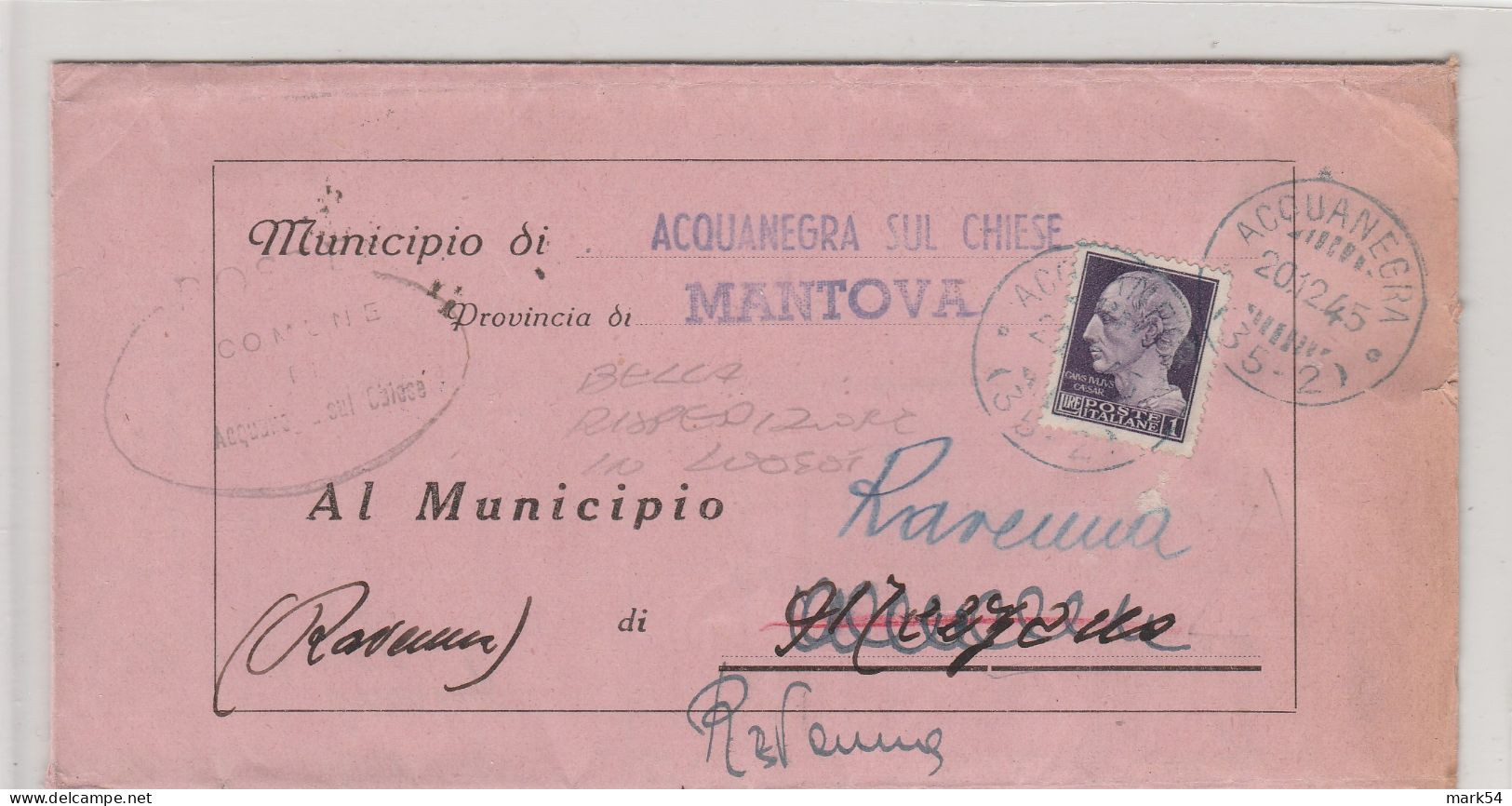 E 298 Acquanegra Frazionario Azzurro 35-2 Del 1945 - Storia Postale