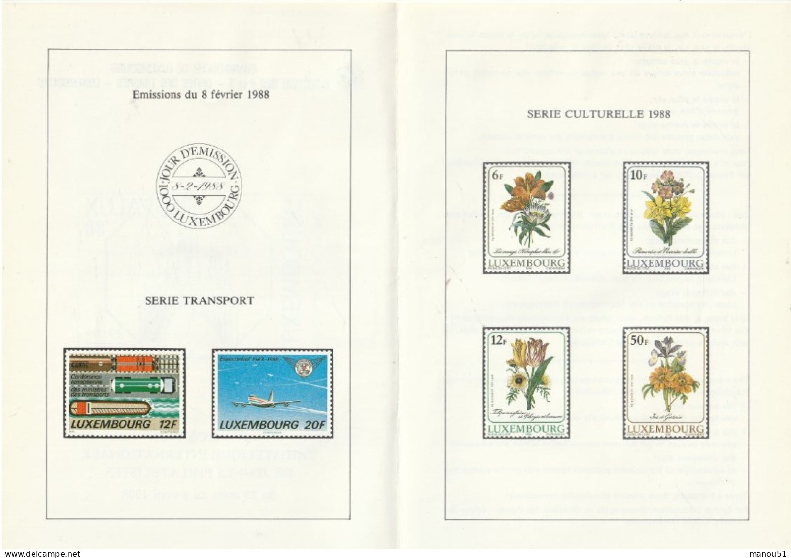LUXEMBOURG  - Emission Du 8.02.1988 - Lot De 2 Enveloppes Jour D'émission + 6 Timbres Neufs - Andere & Zonder Classificatie