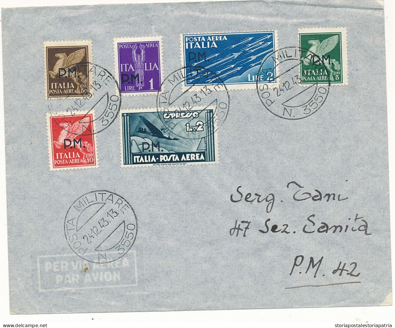 24-12-1943 SOVRATSTAMPATI PM 10 LIRE PA PEGASO + 2 LIRE PA PEGASO + 2 LIRE PA + ALTRI SU BUSTA FILATELICA PM 3550 - Correo Militar (PM)