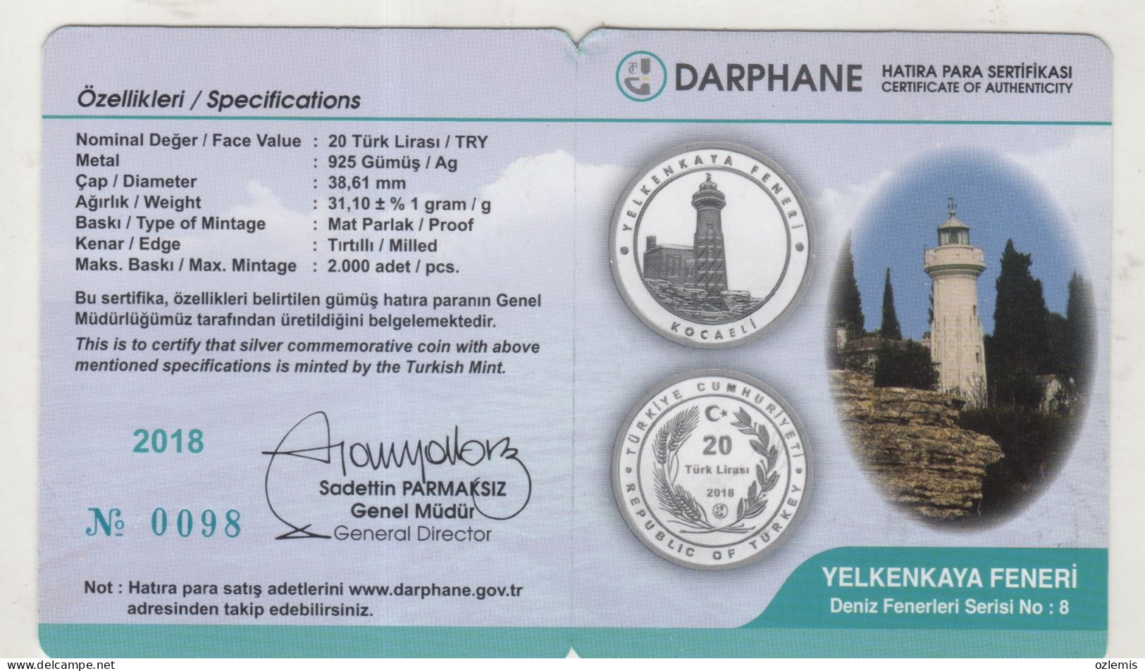 KOCAELI  ,LIGHTHOUSE ,YELKENKAYA FENERI , COMMEMORATIVE , SILVER COIN ,2018  ,TURKEY - Turquia