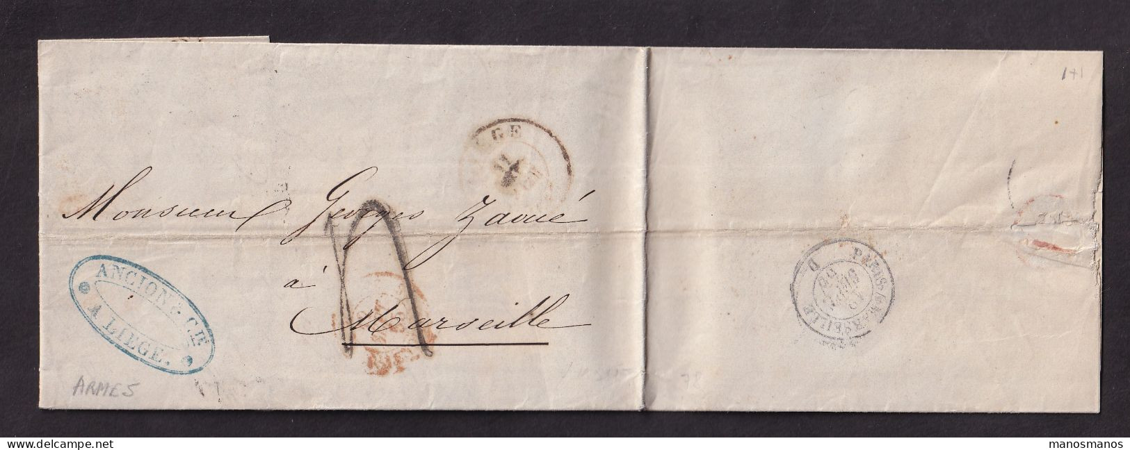 879/40 - ARMURERIE LIEGEOISE - Lettre Non Affranchie LIEGE 1855 Vers MARSEILLE - Cachet Ancion § Cie - Texte Sur Armes - Fabriken Und Industrien