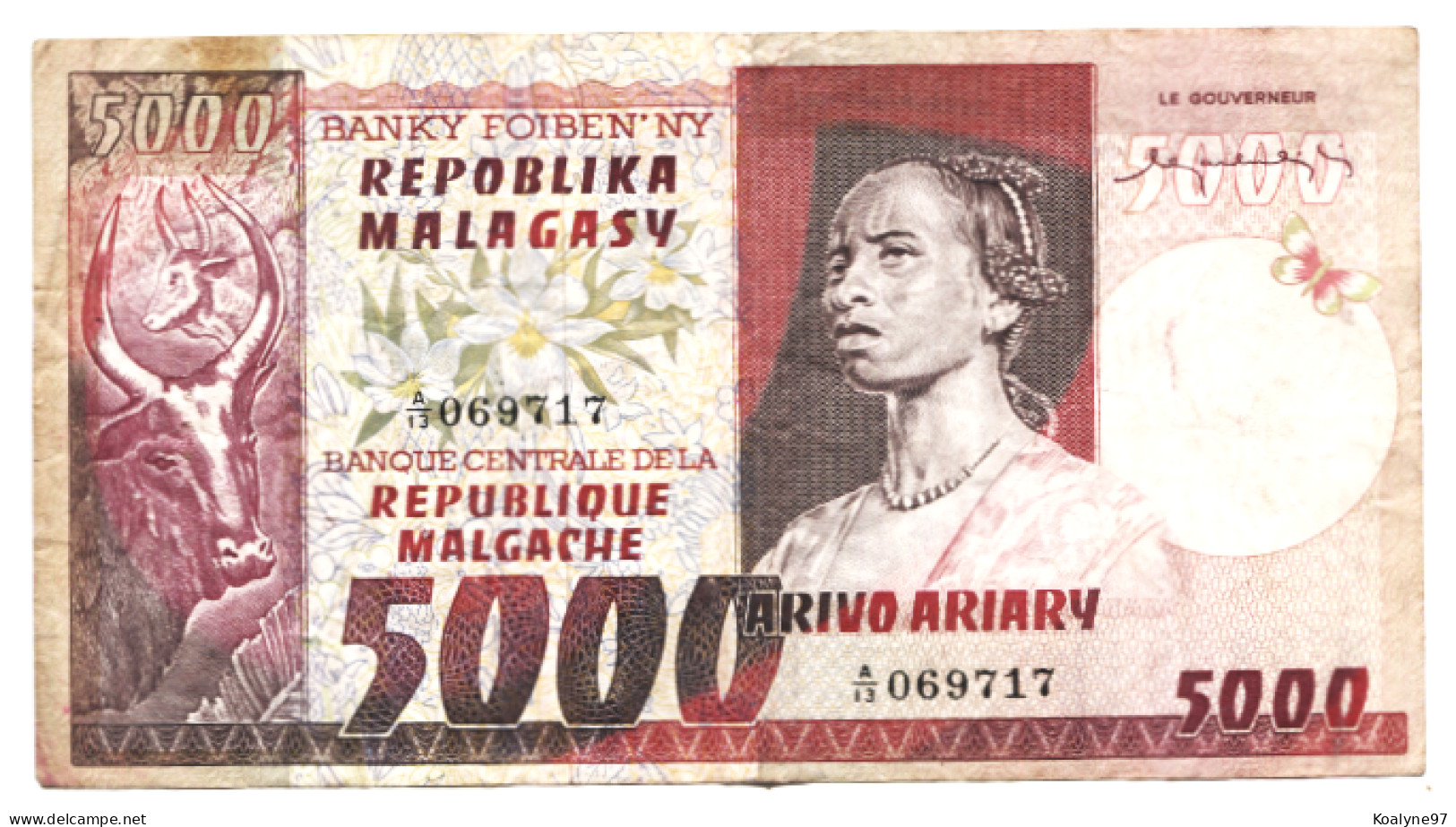 Depuis La REUNION : Grosse Coupure / Madagascar 5000 Francs On 1000 Ariary  (1974-1975) - Madagascar