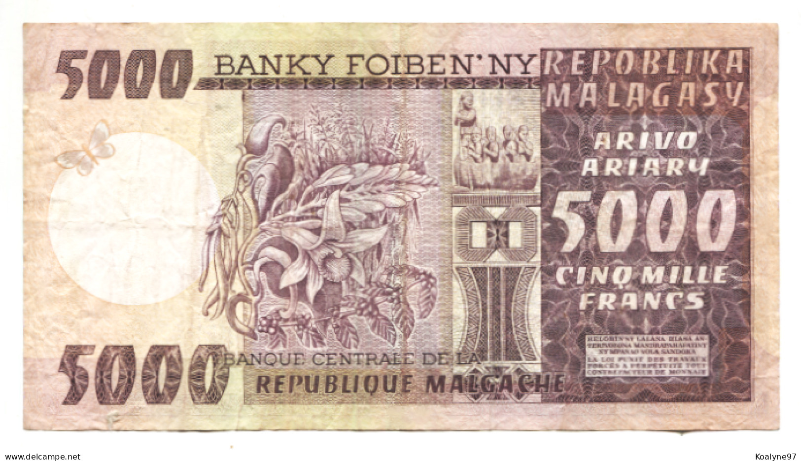 Depuis La REUNION : Grosse Coupure / Madagascar 5000 Francs On 1000 Ariary  (1974-1975) - Madagaskar