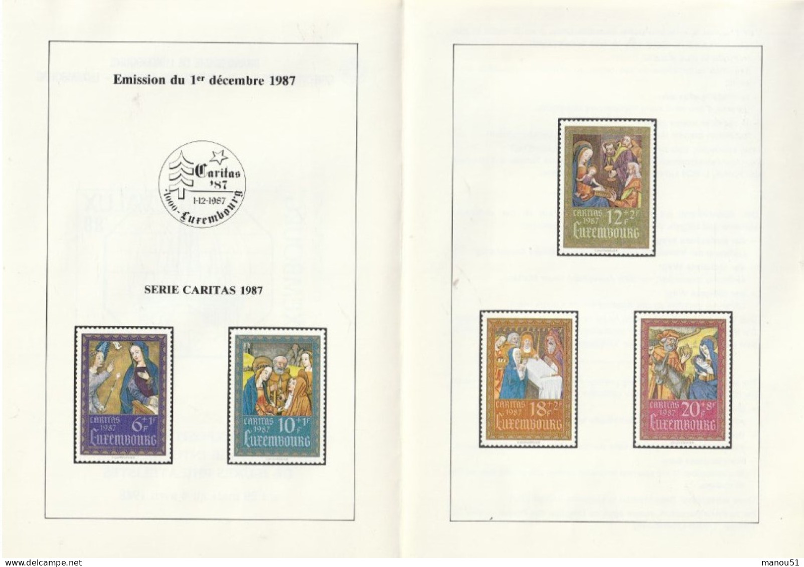 LUXEMBOURG  - Emission Du 1.12.1987 - Série Caritas - 1 Enveloppe Jour D'émission - 1 Feuillet Noël  + 5 Timbres Neufs - Andere & Zonder Classificatie