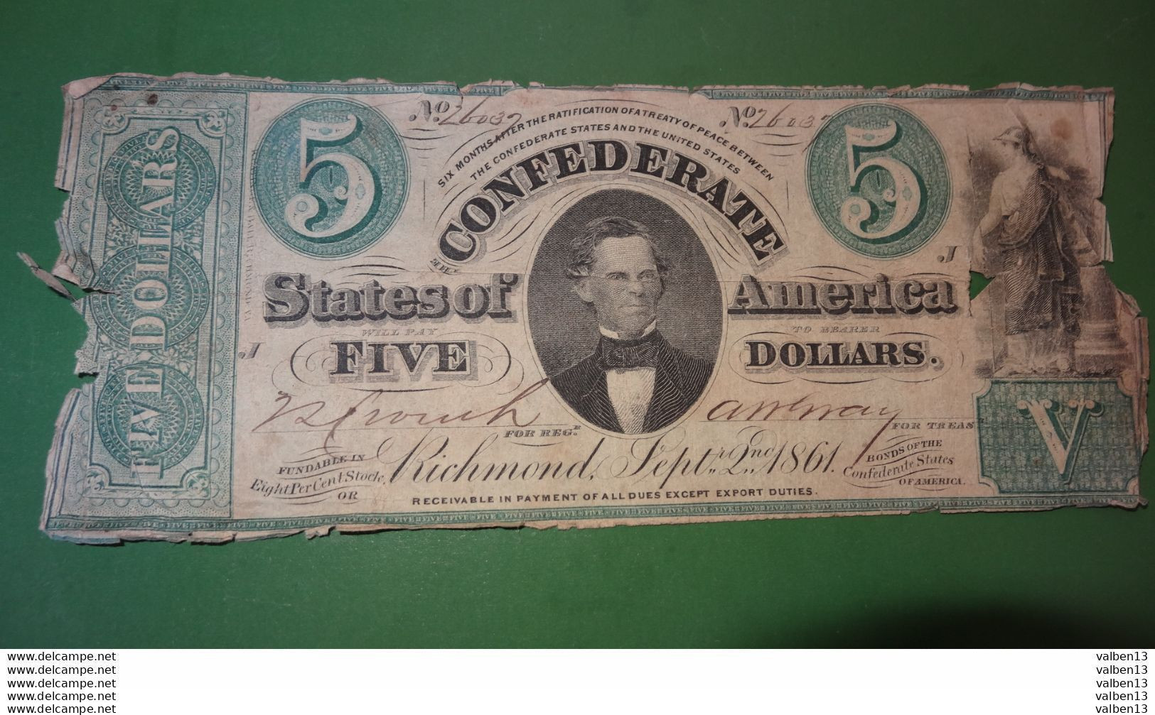 ETATS UNIS: Confederates States Of America. N° 26037, 5 Dollars. Date 02/09/1861 ........ Env.2 - Valuta Della Confederazione (1861-1864)