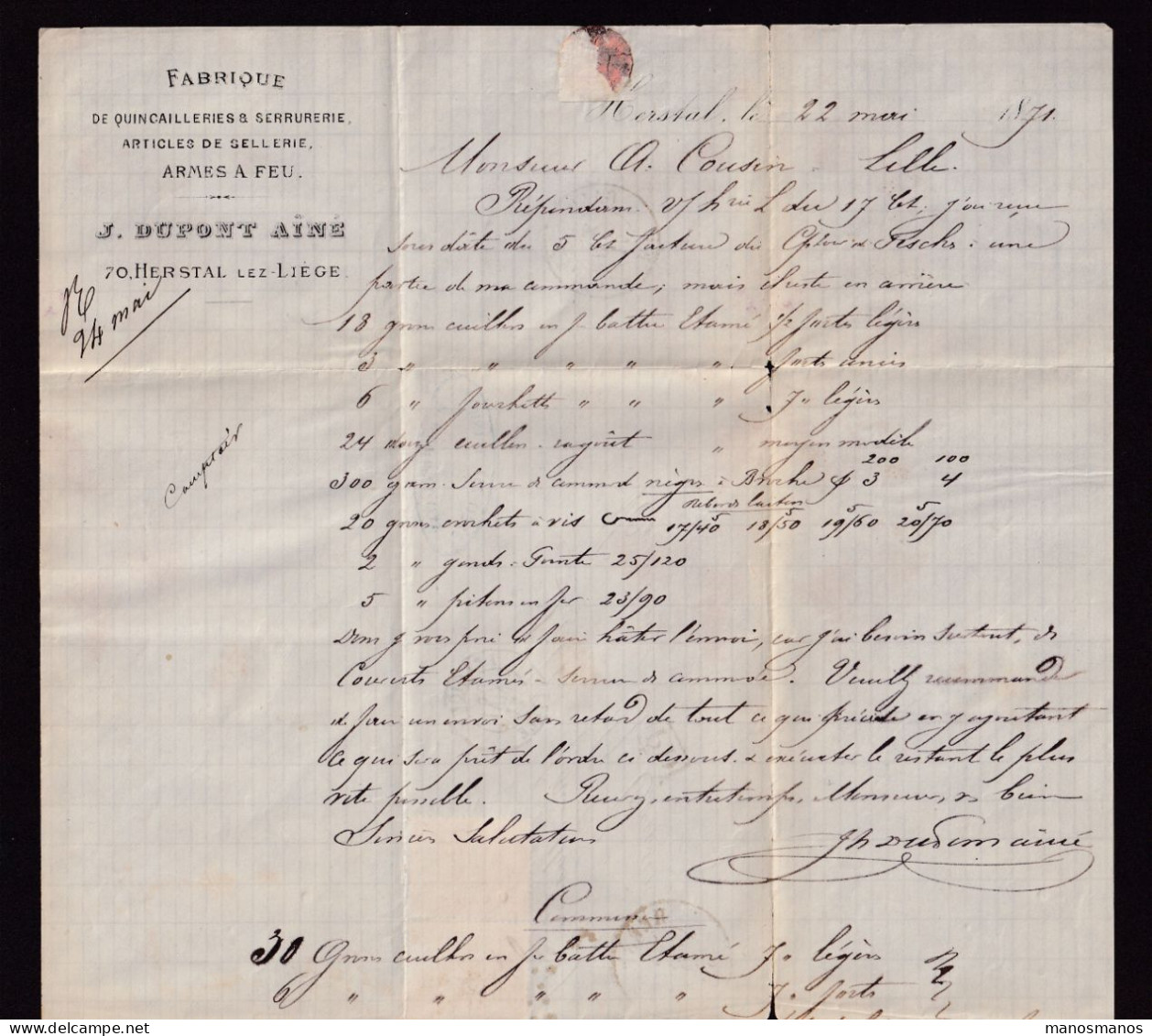 880/40 - ARMURERIE LIEGEOISE - Lettre TP 30 Et 31 HERSTAL 1871 Vers LILLE - Entete Fabrique D'Armes à Feu J. Dupont Ainé - Usines & Industries