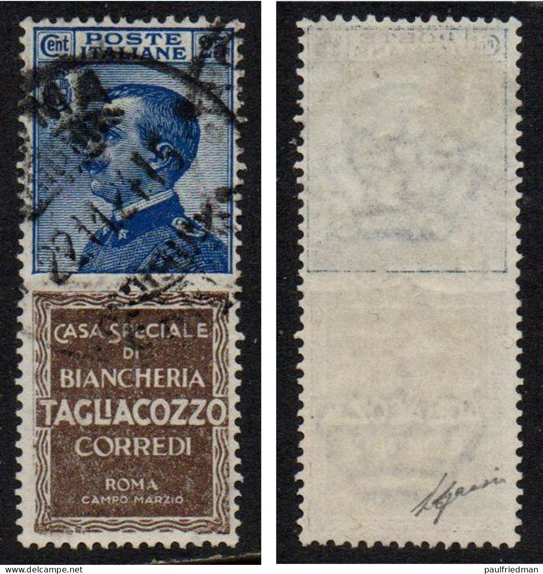 Regno 1924 - Pubblicitari - Tagliacozzo 25 Cent. - Usato - Ottima Centratura - Certificato Gazzi - Reklame
