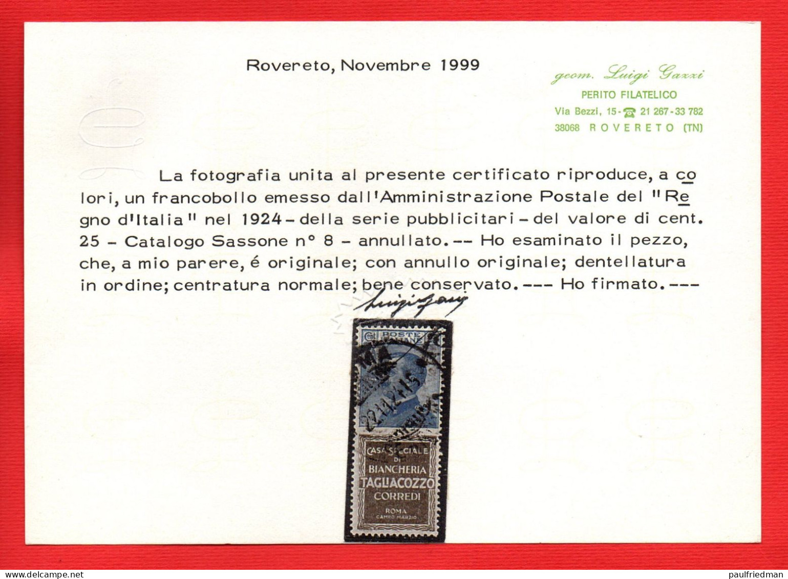 Regno 1924 - Pubblicitari - Tagliacozzo 25 Cent. - Usato - Ottima Centratura - Certificato Gazzi - Publicité