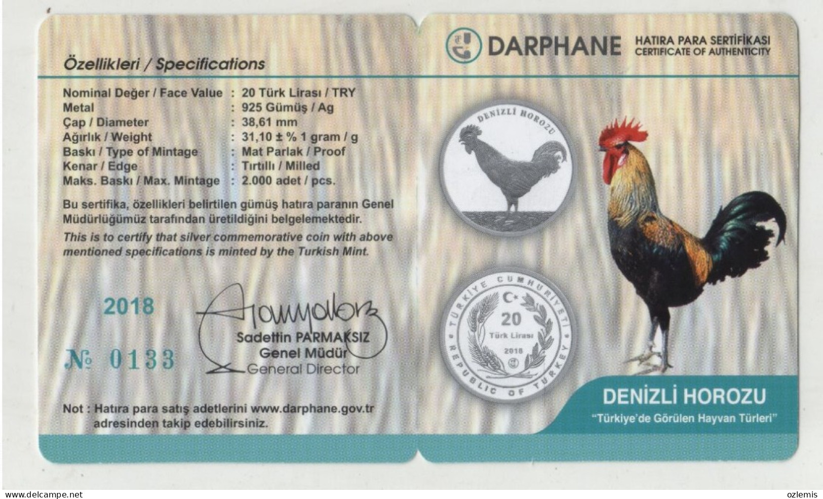 DENIZLI ROOSTER,CHICKEN , ,DENIZLI ,HOROZU, , COMMEMORATIVE , SILVER COIN ,2018  ,TURKEY - Turkey