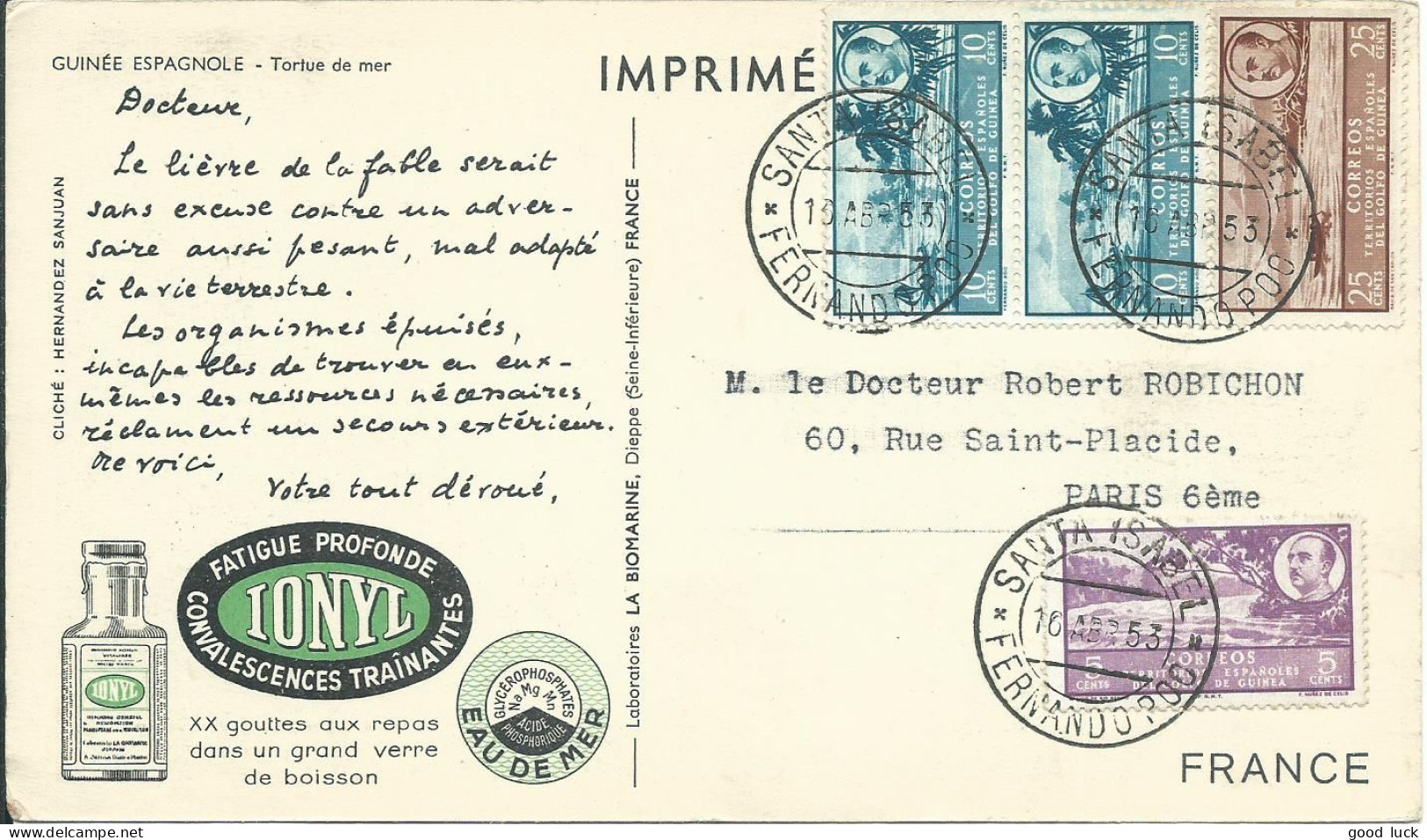 FERNANDO POO CARTE BIOMARINE IONYL 50c SANTA ISABEL POUR PARIS DE 1953  LETTRE COVER - Fernando Poo