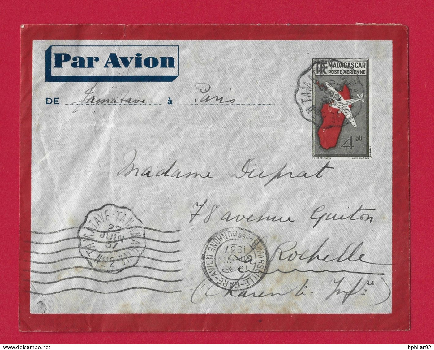 !!! MADAGASCAR, LETTRE PAR AVION DE TAMATAVE POUR LA FRANCE DE JUIN 1937 - Posta Aerea