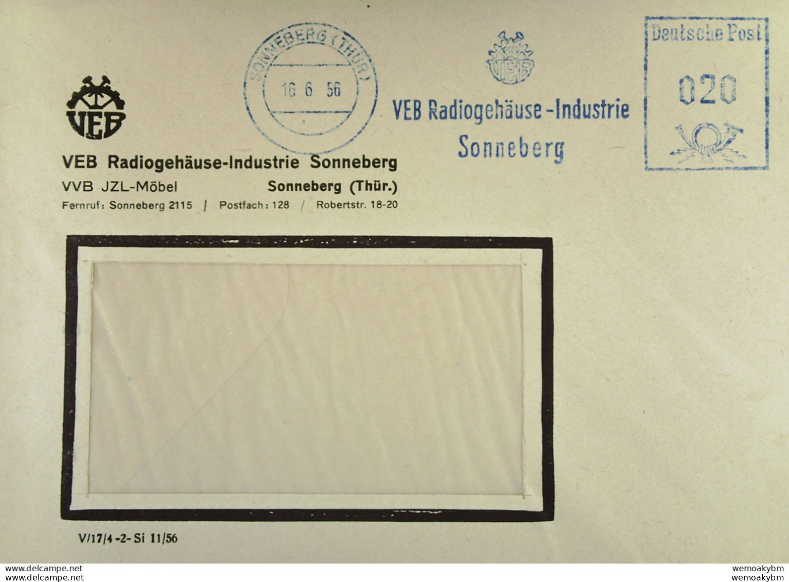 DDR: Brief Mit AFS Deutsche Post =020= SONNEBERG (THÜR) 16.6.56 "VEB Radiogehäuse-Industrie Sonneberg" - Maschinenstempel (EMA)