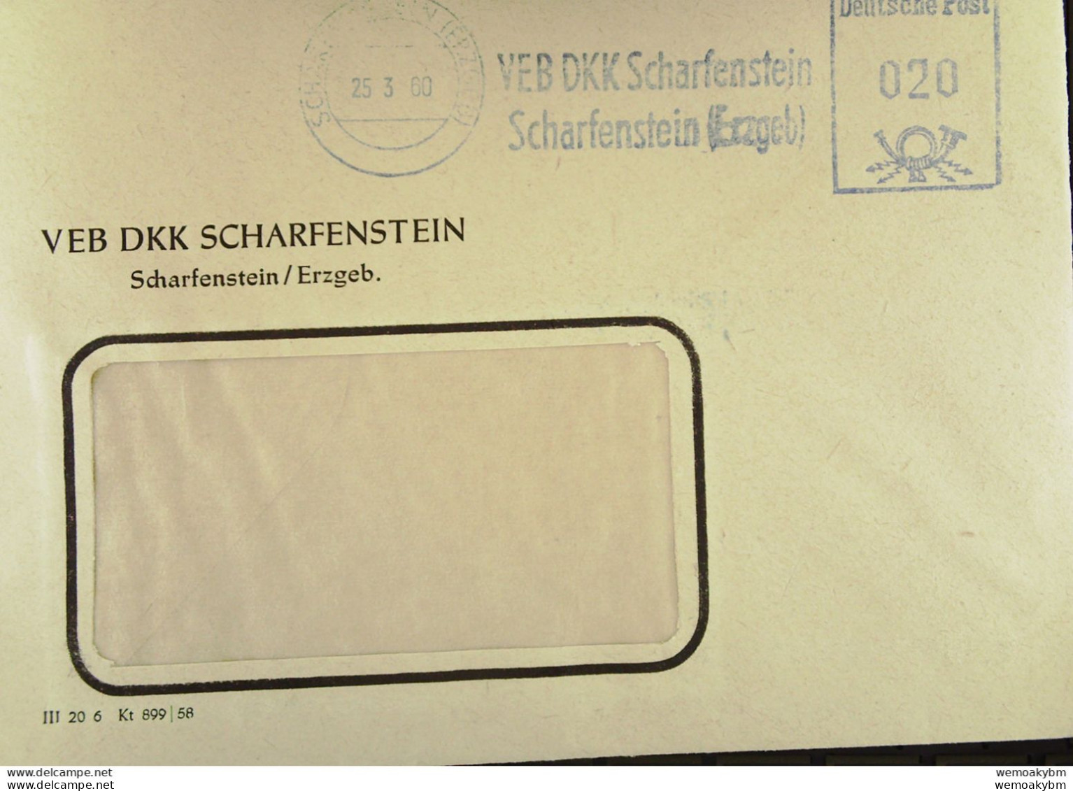DDR: Brief Mit AFS Deutsche Post =020= SCHARFENSTEIN (ERZGEB) Vom 25.3.60 "VEB DKK Scharfenstein (Erzgeb)" - Machines à Affranchir (EMA)