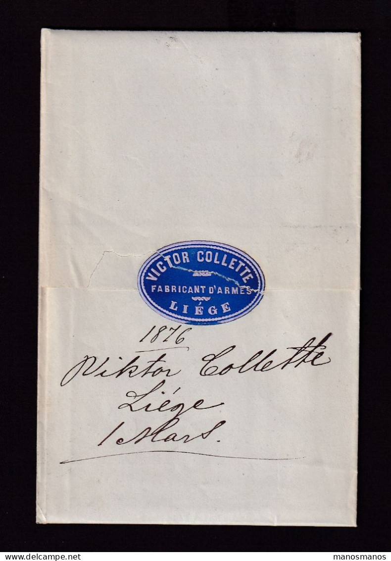 881/40 - ARMURERIE LIEGEOISE - Lettre TP 32 LIEGE 1876 Vers GOTEBORG Suède - Etiquette Fabricant D'Armes Victor Collette - Usines & Industries