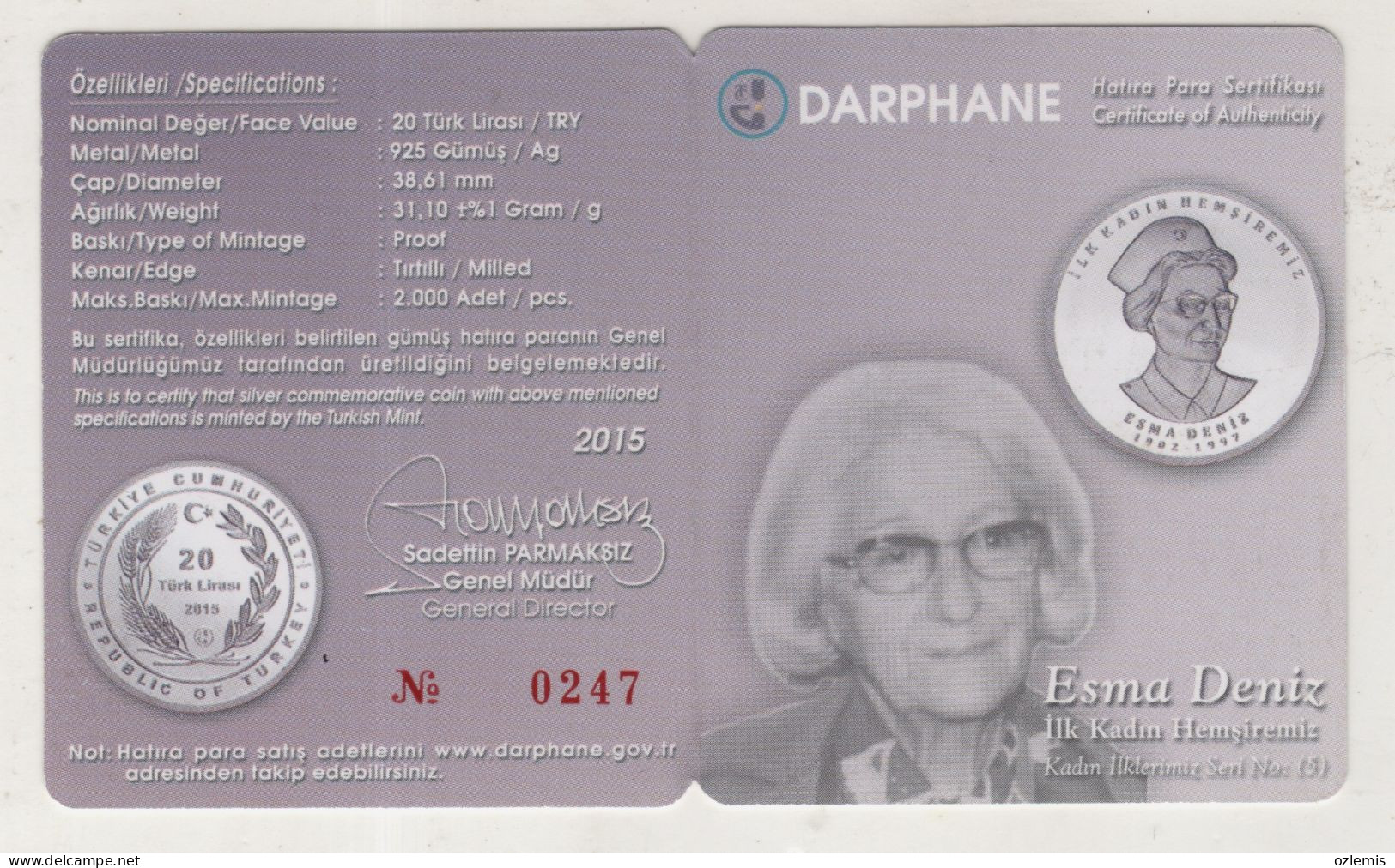 FIRST FEMALE NURSE,NURSE  , ESMA DENIZ, , COMMEMORATIVE , SILVER COIN ,2015  ,TURKEY - Turquie