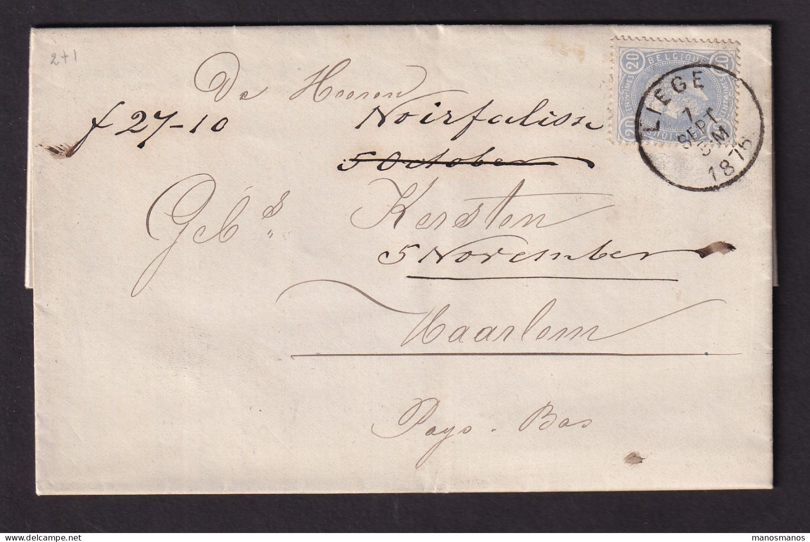 882/40 - ARMURERIE LIEGEOISE - Lettre TP 31 LIEGE 1876 Vers HAARLEM NL - Etiquette Et Entete Armes Noirfalise Frères - Usines & Industries