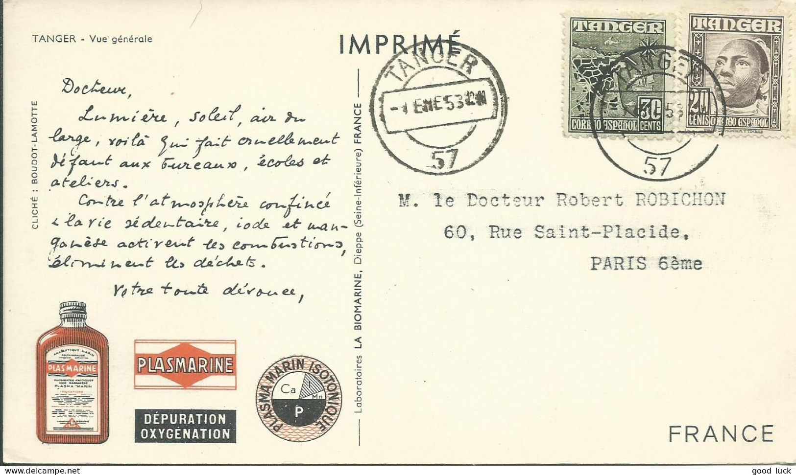 MAROC ESPAGNOL  CARTE BIOMARINE PLASMARINE 50c TANGER POUR PARIS DE 1953  LETTRE COVER - Marocco Spagnolo