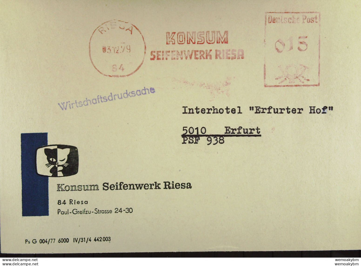 DDR: Brief Mit AFS Deutsche Post =015= RIESA 3.12.79 "KONSUM SEIFENWERK RIESA" - Macchine Per Obliterare (EMA)
