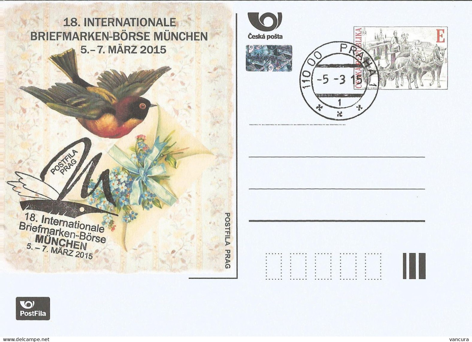 CDV A 205 Czech Republic München Stamp Trade 2015 Sing Bird Flower Coach On Charles Bridge - Postkaarten