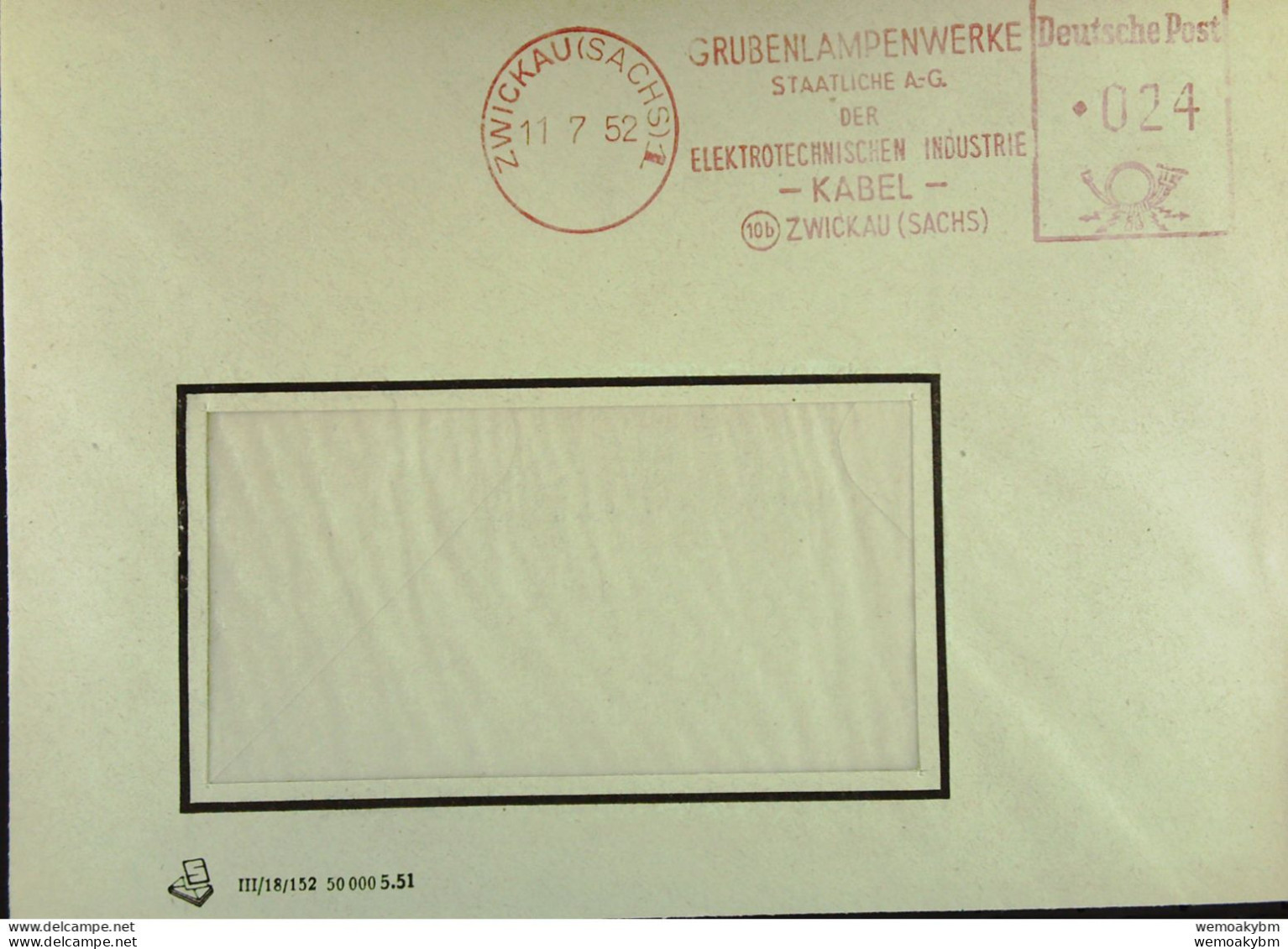 DDR: Brief Mit AFS Deutsche Post =024= ZWICKAU (SACHS) 11.7.52 "Grubenlampenwerke Staatliche A.-G. Der Elektrotech..." - Franking Machines (EMA)