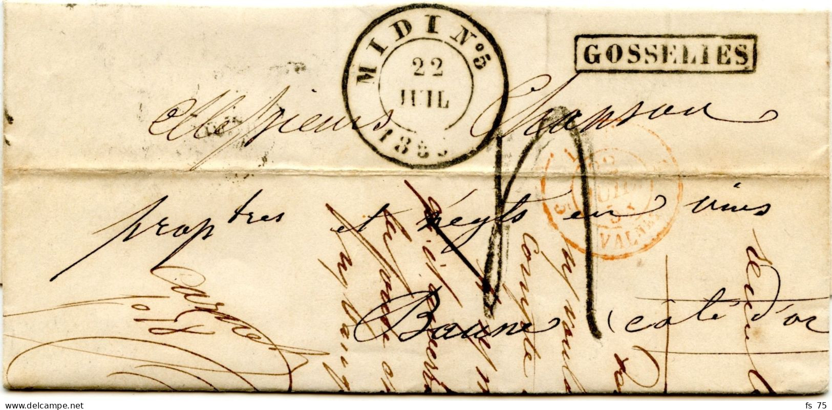 BELGIQUE - CAD D'AMBULANT MIDI N°5 + GRIFFE GOSSELIES SUR LETTRE POUR LA FRANCE, 1853 - Bahnpoststempel