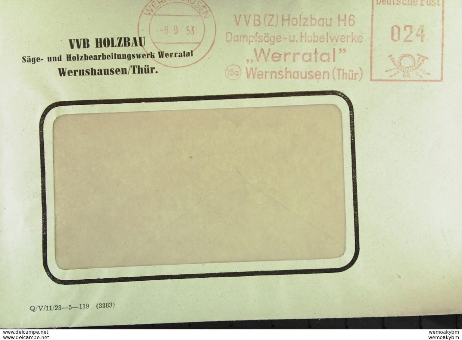 DDR: Brief Mit AFS Deutsche Post =024= WERNSHAUSEN 8.9.53 "VVB (Z) Holzbau H6 Dampfsäge- U. Hobelwerke "Werratal" Thür." - Franking Machines (EMA)