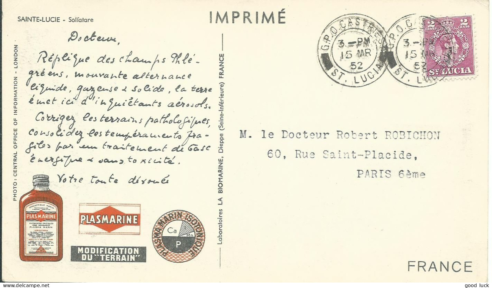 ST LUCIA  CARTE BIOMARINE PLASMARINE 2c CASTRIES POUR PARIS DE 1952  LETTRE COVER - Ste Lucie (...-1978)