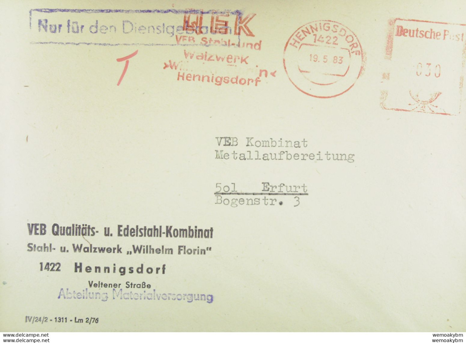 DDR: NfD-Brief Mit AFS DP =030= HENNINGSDORF Vom 19.5.83 Abs: VEB Qualitäts- U. Edelstahl-Kombinat "Wilhelm Florin" - Cartas & Documentos