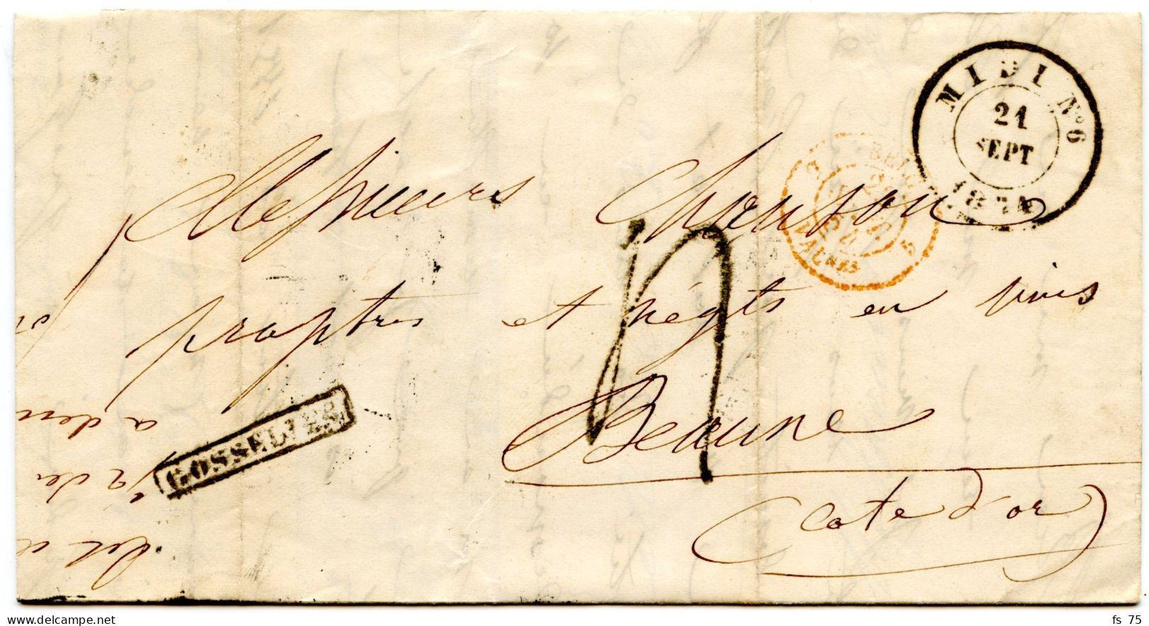 BELGIQUE - CAD D'AMBULANT MIDI N°6 + GRIFFE GOSSELIES SUR LETTRE POUR LA FRANCE, 1854 - Bahnpoststempel