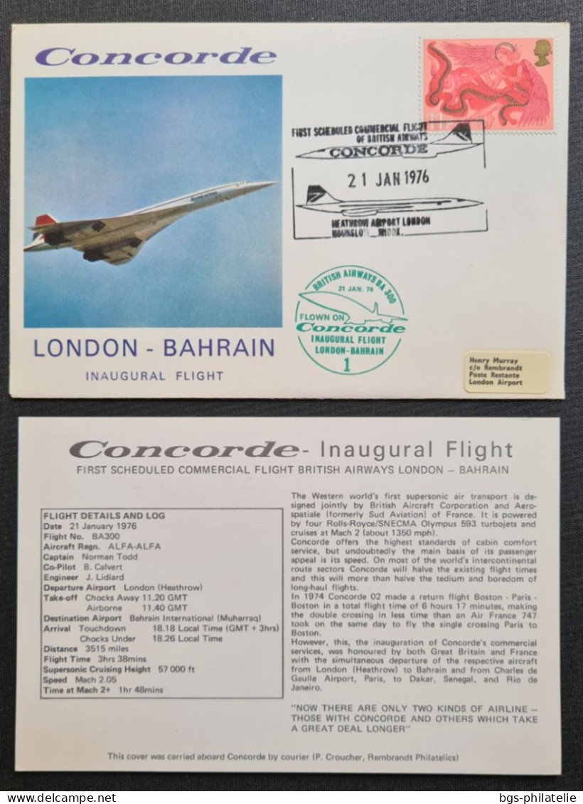 Concorde,  Vol LONDON- BAHRAIN Le 21/1/1976. - Concorde
