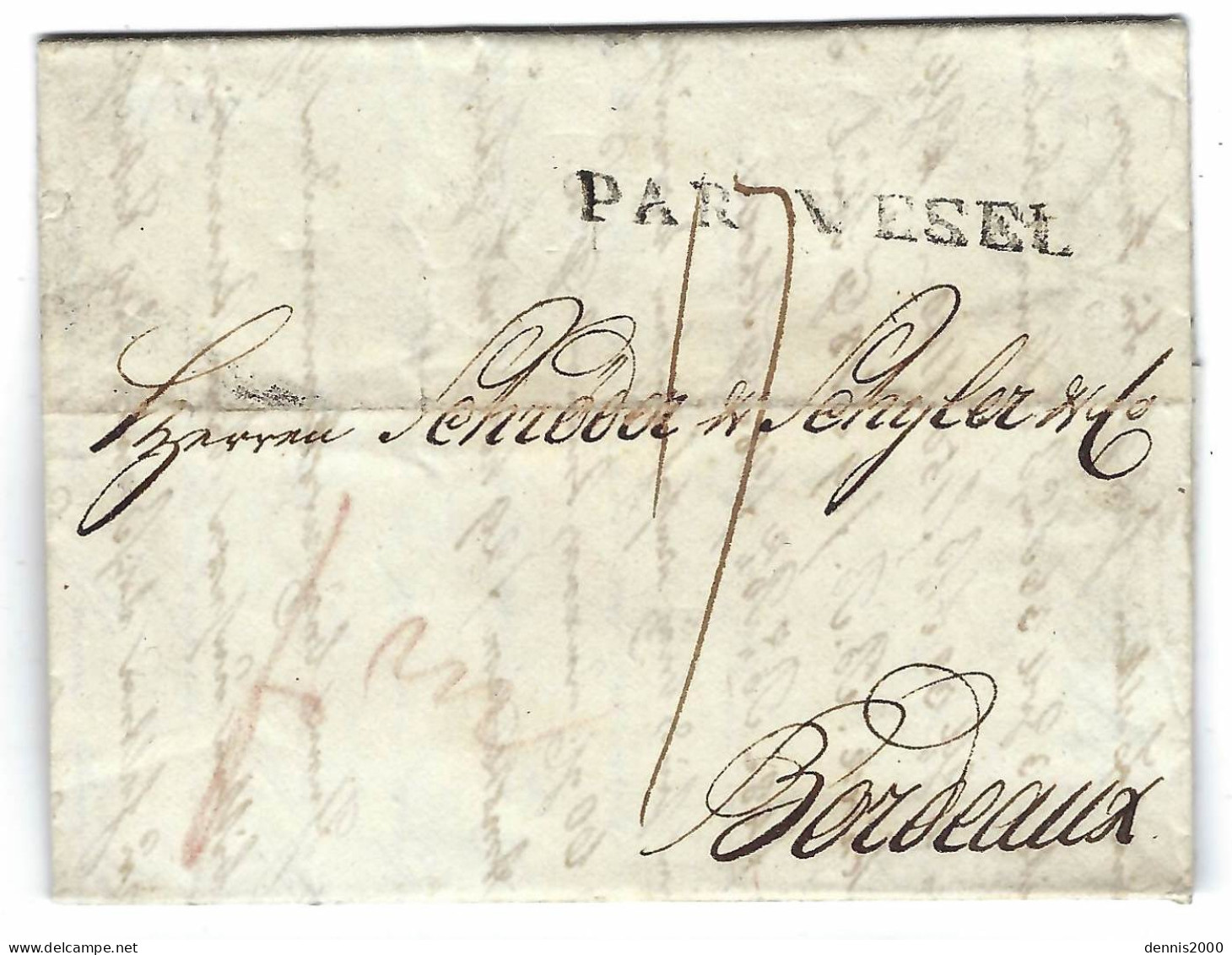 1800 - Lettre De DANTZIG Pour Bordeaux " PAR WESEL " 47 Mm Noir Taxe 17 D Manuscrite - Entry Postmarks