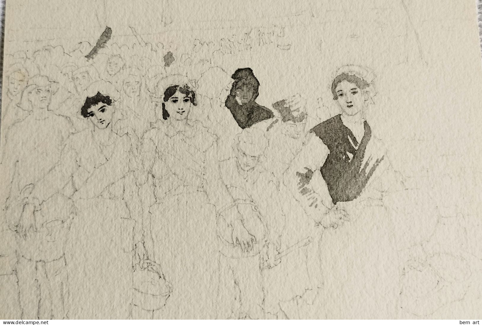 Esquisse Dessin Lavis "Fête De Village" Avec Tambourin Et Victuailles. Fond D'Atelier Signé B.F.  Flournoy Vers 1891 - Dessins