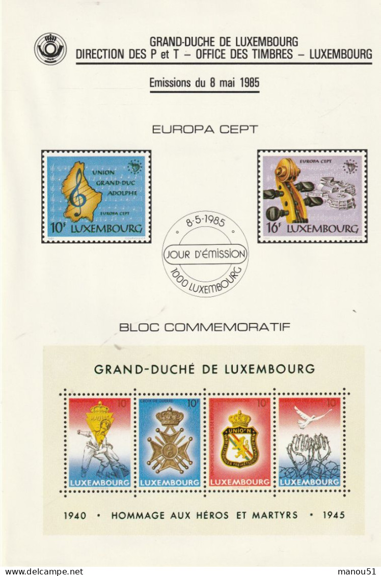 LUXEMBOURG  - Emission Du 8.05.1985 - 2 Enveloppes Jour D'émission   + 6 Timbres Neufs - Altri & Non Classificati