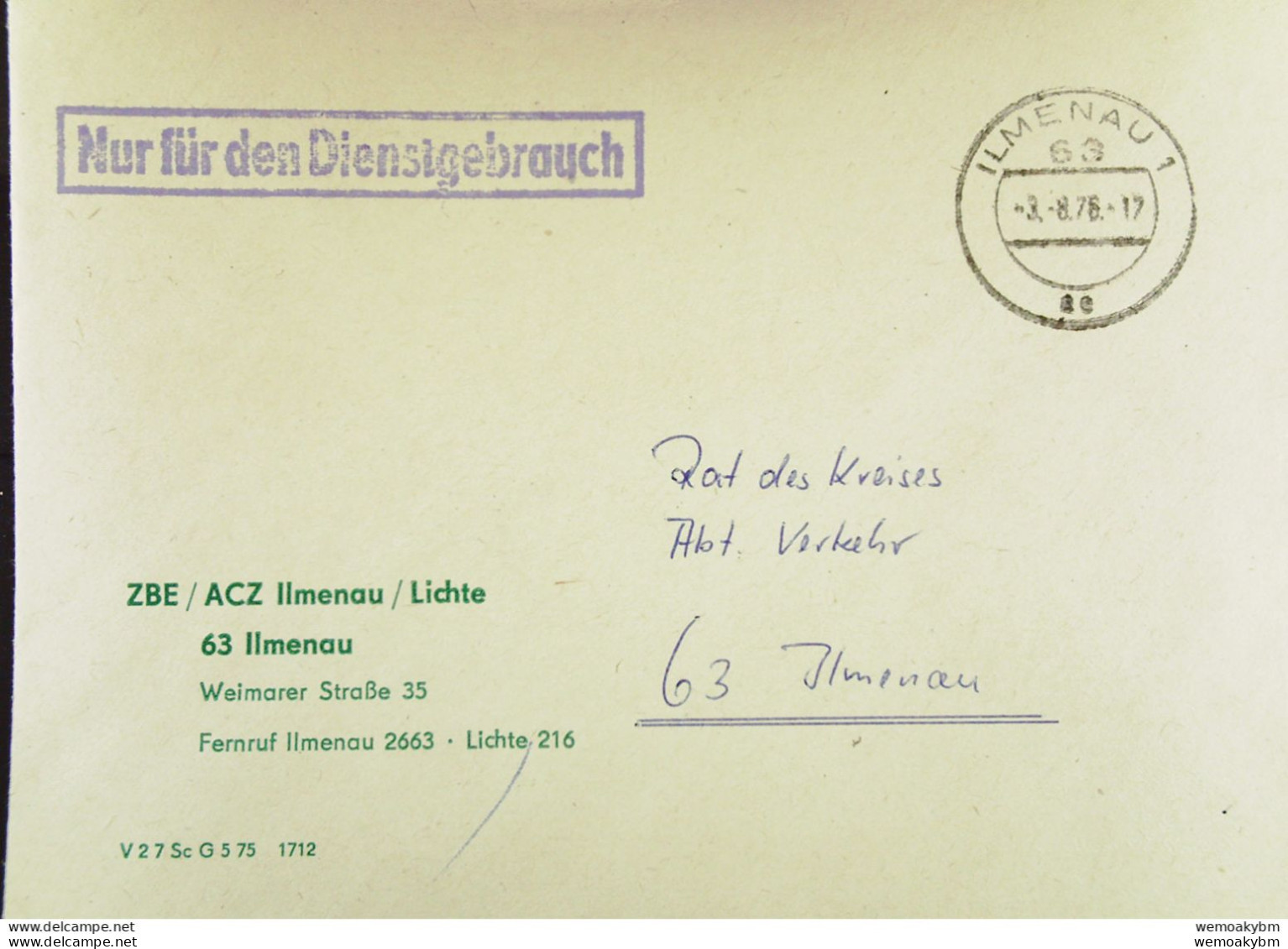 DDR: NfD-Brief Aus ILMENAU 1 Vom 3.8.76  Abs: ZBE / ACZ Ilmenau/Lichte 63 Ilmenau An Rat Des Kreises - Abt. Verkehr - Briefe U. Dokumente