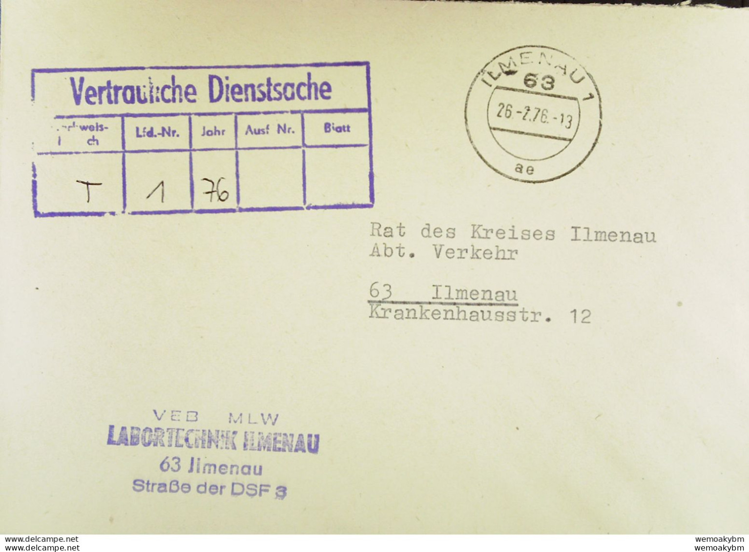 DDR: VD-Brief Aus ILMENAU 1 Vom 26.2.76 Abs: VEB MLW Labortechnik Ilmenau, Straße Der DSF 3 - Storia Postale