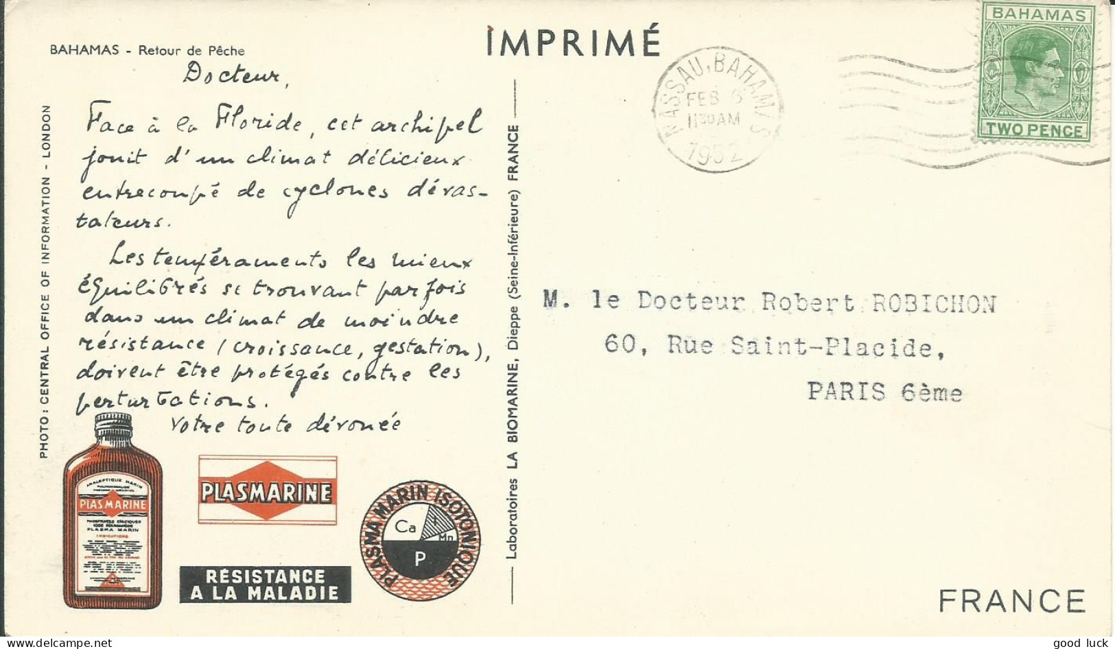 BAHAMAS  CARTE BIOMARINE PLASMARINE 2 P  NASSAU POUR PARIS DE 1952  LETTRE COVER - 1859-1963 Kolonie Van De Kroon