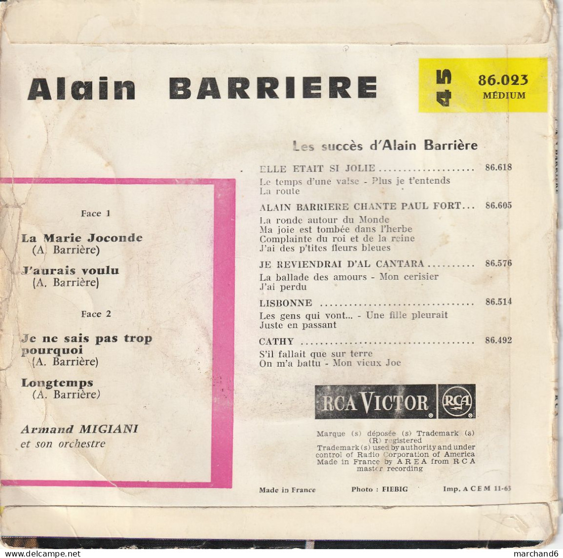 Alain Barrière La Marie Jonconde/j Aurais Voulu/je Ne Sais Pas Trop Pourquoi/longtemps/rca 86.023 Imp Acem 11/63 - Altri - Francese