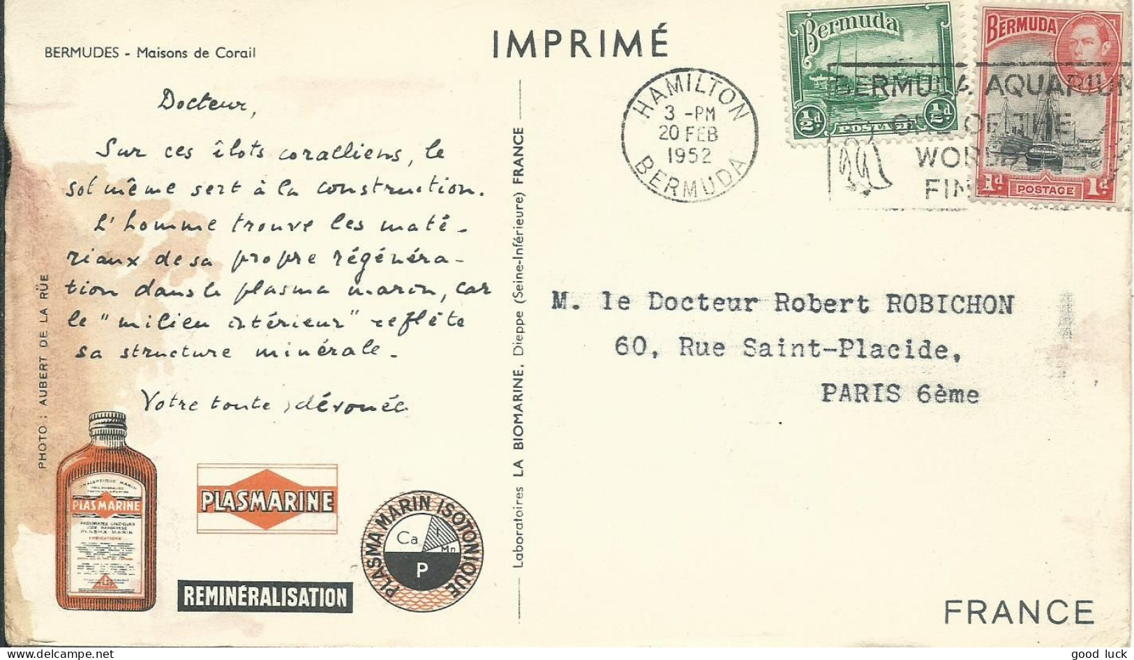 BERMUDES  CARTE BIOMARINE PLASMARINE 1.5 D  HAMILTON POUR PARIS DE 1952  LETTRE COVER - Bermuda