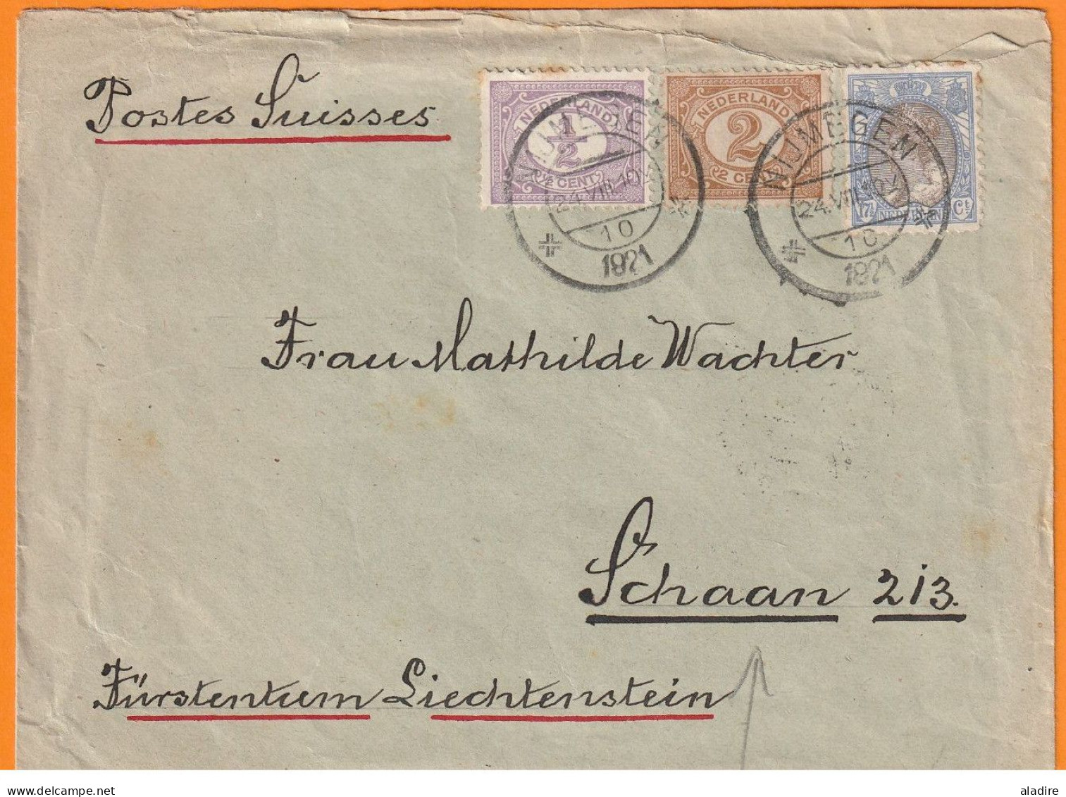 1921 - Enveloppe De Nijmegen, Pays Bas Vers SCHAAN, Liechtenstein - Via Postes Suisses - Affrt 20 Ct - Cad Arrivée - Lettres & Documents