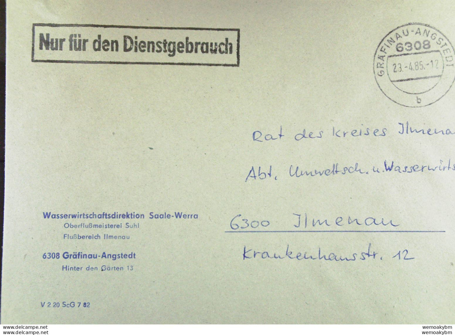 DDR: NfD-Brief Aus GRAEFINAU-ANGSTEDT Vom 23.4.85 Abs: Wasserwirtschaftsdirektion Saale-Werra - Oberflußmeisterei Suhl - Covers & Documents