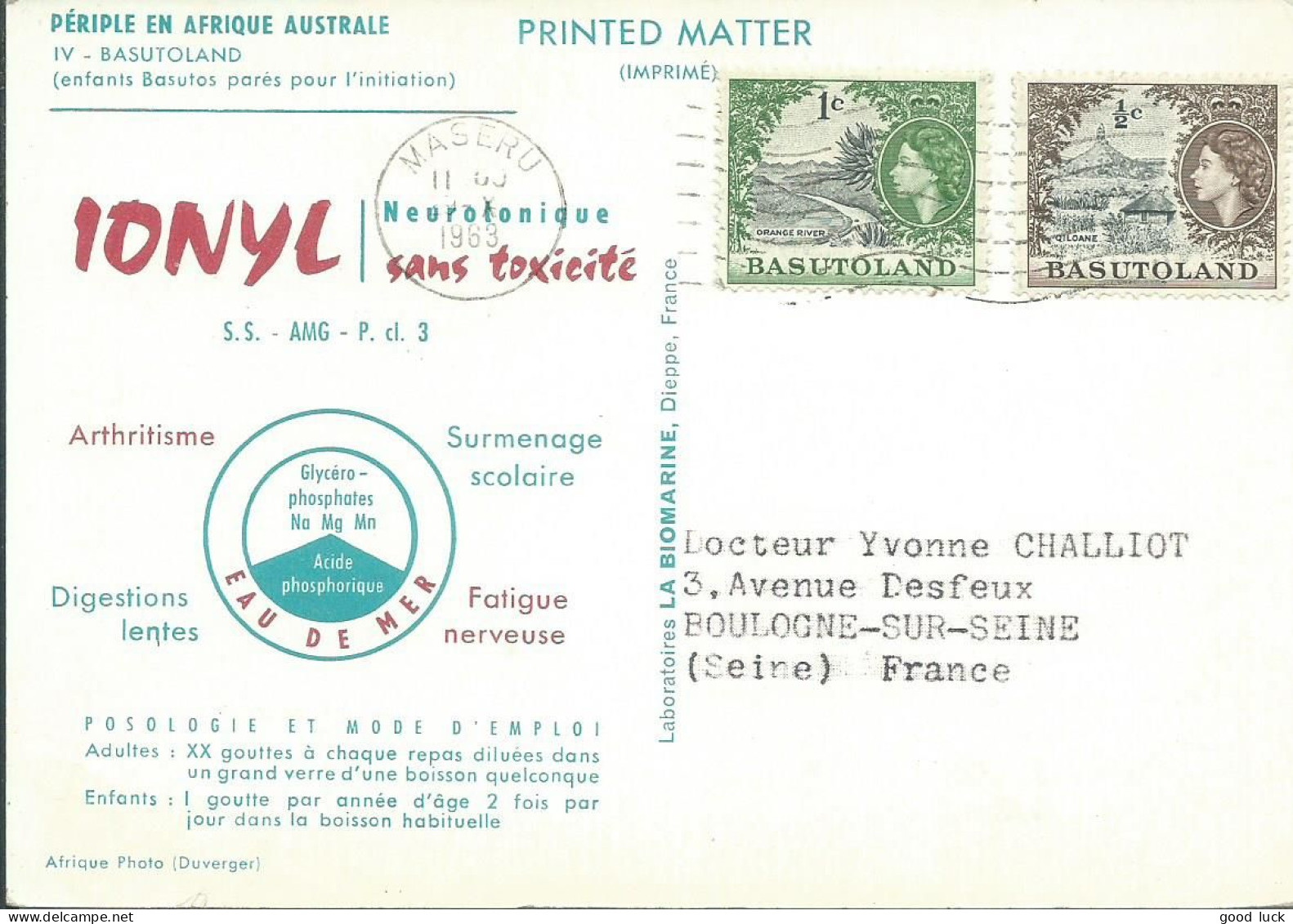 BASUTOLAND CARTE BIOMARINE IONYL 1,5 D  MASERU POUR BOULOGNE SUR SEINE ( SEINE ) DE 1963  LETTRE COVER - 1933-1964 Crown Colony