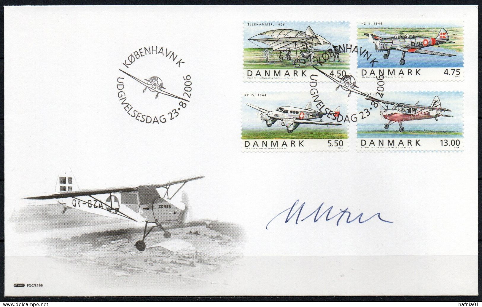 Martin Mörck. Denmark 2006.  Historic Danish Aircraft. Michel 1440 - 1443 FDC. Signed. - Lettres & Documents