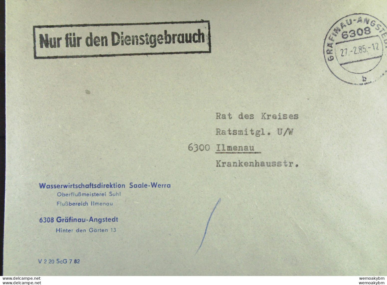 DDR: NfD-Brief Aus GRAEFINAU-ANGSTEDT Vom 27.2.85 Abs: Wasserwirtschaftsdirektion Saale-Werra - Oberflußmeisterei Suhl - Covers & Documents